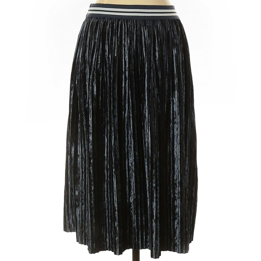 Zara Dark Blue Velvet Pleat Midi Skirt MED